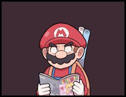 Rule 34 | 1boy, ayyk92, black border, blue overalls, border, brown background, facial hair, gloves, holding, holding manga, looking at viewer, male focus, manga (object), mario, mario (series), mustache, nintendo, overalls, red headwear, red shirt, shirt, simple background, solo, super mario bros. 1, v-shaped eyebrows, white gloves