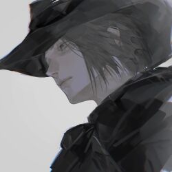 Rule 34 | 1girl, androgynous, black hat, expressionless, final fantasy, final fantasy xiv, from below, grey background, grey eyes, grey hair, hat, highres, hyur, looking afar, looking ahead, nanguoqiu477, portrait, realistic, short hair, simple background, solo, zero (ff14)