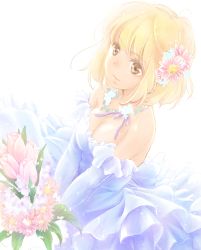 Rule 34 | 1girl, asagao to kase-san, bare shoulders, blonde hair, blue dress, bouquet, brown eyes, closed mouth, dress, dutch angle, flower, hair flower, hair ornament, jewelry, kaedesaku41983, kase-san, leaf, looking at viewer, necklace, short hair, solo, strapless, strapless dress, tulip, v arms, white background, wreath, yamada yui