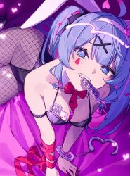 Rule 34 | 1girl, ace (playing card), ace of hearts, ahoge, akabino, animal ears, bare shoulders, black leotard, black ribbon, blue eyes, blue hair, bow, bowtie, breasts, broken handcuffs, card, card in mouth, cleavage, collarbone, cuffs, facial mark, fake animal ears, fishnet pantyhose, fishnets, from above, hair intakes, hair ornament, hair ribbon, handcuffs, hatsune miku, heart, heart ahoge, heart hair ornament, highres, leotard, light blush, medium breasts, mouth hold, multicolored hair, necktie, object in bra, pantyhose, pink hair, pink nails, pink pupils, pink theme, playboy bunny, playing card, rabbit ears, rabbit hair ornament, rabbit hole (vocaloid), red bow, red bowtie, red necktie, ribbon, smile, solo, teardrop facial mark, teeth, twintails, vocaloid, x hair ornament