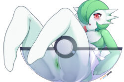 Rule 34 | 1girl, breasts, colored nipples, commentary, creatures (company), english commentary, game freak, gardevoir, gen 3 pokemon, green hair, green nipples, hair over one eye, hot vr, large breasts, looking at viewer, nintendo, nipples, patreon username, pokemon, pussy, red eyes, short hair, simple background, solo, uncensored, white background