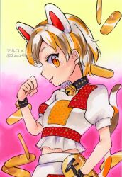 Rule 34 | 1girl, 2zuz4hru, animal collar, animal ears, bell, brown hair, cat ears, cat tail, coin, collar, crop top, gold coin, goutokuji mike, gradient background, highres, jingle bell, marker (medium), midriff, navel, orange eyes, orange hair, patchwork clothes, pink background, puffy short sleeves, puffy sleeves, shirt, short hair, short sleeves, skirt, solo, tail, touhou, traditional media, white shirt, white skirt, yellow background