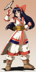 Rule 34 | 1990s (style), 1girl, absurdres, ainu clothes, blue hair, boots, breasts, fingerless gloves, gloves, grey eyes, hair ribbon, highres, long hair, mamahaha, medium breasts, nakoruru, pants, retro artstyle, ribbon, samurai spirits, smile, snk, solo, the king of fighters, weapon