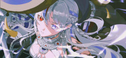 Rule 34 | 1girl, absurdres, ash-c, bandaged chest, blue eyes, braid, earrings, flaming eye, french braid, grey hair, heterochromia, highres, jewelry, long hair, looking at viewer, lucia: crimson weave (punishing: gray raven), multicolored hair, necklace, ponytail, punishing: gray raven, purple eyes, purple hair, red eyes, red hair, solo, streaked hair, very long hair