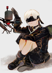 Rule 34 | 1boy, 9s (nier:automata), absurdres, android, arm on knee, atai (kromameta1234), black blindfold, black footwear, black gloves, black jacket, black shorts, blindfold, boots, choker, crossed legs, gloves, green bag, highres, jacket, looking at another, male focus, nier:automata, nier (series), patting, pod (nier:automata), robot, short hair, shorts, simple background, sitting, smile, solo focus, white background, white hair