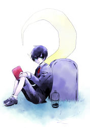 Rule 34 | 1boy, black hair, book, cage, crescent moon, darren shan, expressionless, formal, green eyes, highres, male focus, moon, necktie, short hair, shorts, sitting, solo, suit, the saga of darren shan, tombstone