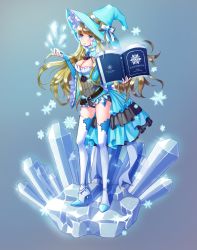 Rule 34 | 1girl, belt, blonde hair, blue eyes, blue theme, book, breasts, cleavage, hat, high heels, highres, ice, ice crystal, long hair, medium breasts, ming (applem7), open book, original, snow, snowflakes, solo, thighhighs, white thighhighs, witch hat