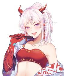 Rule 34 | 1girl, :d, absurdres, arknights, bandeau, bare shoulders, blush, braid, breasts, collarbone, commentary, half updo, hand up, head tilt, highres, holding, horns, jacket, long hair, looking at viewer, medium breasts, midriff, nian (arknights), off shoulder, open clothes, open jacket, open mouth, pointy ears, purple eyes, rd (ardeee), silver hair, simple background, single braid, smile, solo, strapless, tube top, upper body, white background, white jacket