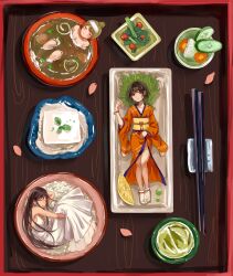 Rule 34 | 1girl, 270 (woshizongg), absurdres, asymmetrical sleeves, black hair, bowl, bracelet, brown eyes, brown hair, chinese commentary, chopstick rest, chopsticks, closed eyes, closed mouth, covering privates, cucumber, cucumber slice, dress, fetal position, food, food request, from above, fruit, hair bun, hand on own stomach, highres, japanese clothes, jewelry, kimono, leaf, lemon, lemon slice, light blush, long hair, looking up, lying, mini person, minigirl, mismatched sleeves, nude cover, on back, orange kimono, original, parted lips, partially submerged, rice, rice bowl, single hair bun, sitting, size difference, sleeping, sleeveless, sleeveless dress, smile, socks, soup, surreal, tofu, white dress, wide sleeves