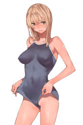 Rule 34 | 1girl, bare shoulders, blonde hair, blue one-piece swimsuit, blush, breasts, brown eyes, cameltoe, clothes pull, covered erect nipples, covered navel, freckles, long hair, medium breasts, one-piece swimsuit, one-piece swimsuit pull, open mouth, original, simple background, solo, sweatdrop, swimsuit, takeda sun, white background