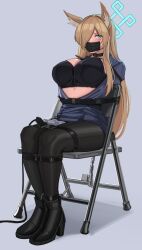 Rule 34 | 1girl, absurdres, animal ears, black footwear, blonde hair, blue archive, blue eyes, blue halo, bound, breasts, chair, gag, grey background, halo, harris hero, highres, improvised gag, kanna (blue archive), large breasts, long hair, looking at viewer, on chair, restrained, shoesc, simple background, sitting, solo