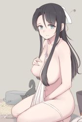 Rule 34 | 1girl, animal, apron, aqua eyes, black hair, breasts, cat, collarbone, folait, food, grey background, hand on own chest, highres, large breasts, long hair, looking at viewer, naked apron, nipples, original, simple background, sitting, solo, thighs, wariza, white apron