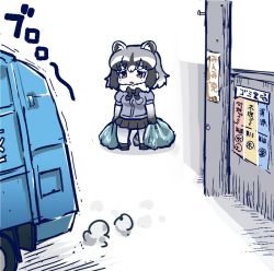 Rule 34 | 1girl, animal ears, bag, black bow, black gloves, black hair, black skirt, bow, bowtie, brown eyes, commentary request, common raccoon (kemono friends), garbage truck, gloves, grey hair, holding, holding bag, kemono friends, motor vehicle, multicolored hair, open mouth, outdoors, pantyhose, pleated skirt, poster (medium), poster (object), raccoon ears, raccoon tail, sad, short hair, short sleeves, simple background, skirt, smoke, solo, sound effects, standing, tail, tanaka kusao, truck, truth, utility pole, vehicle, wall, white background, white hair