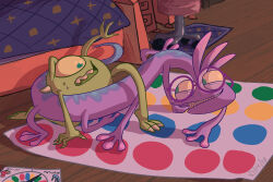 Rule 34 | 2013, 2boys, bed, chair, claws, cyclops, dated, extra arms, glasses, green eyes, indoors, mike wazowski, monster boy, monsters university, multiple boys, no humans, one-eyed, open mouth, playing, punkatory, randall boggs, rug, sharp teeth, sketch, smile, sweatdrop, teeth, twister