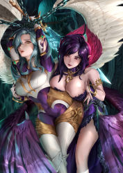 Rule 34 | 2girls, bad id, bad pixiv id, breasts, cleavage, green hair, highres, kayle (league of legends), league of legends, long hair, looking at viewer, morgana (league of legends), multiple girls, nail polish, open mouth, purple hair, siblings, sisters, supullim, teeth, torn clothes, upper teeth only