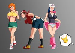 Rule 34 | 3girls, absurdres, alternate color, ass, ass grab, bandana, bare shoulders, bent over, bike shorts, blue eyes, blue hair, blush, boots, breasts, brown hair, clothes lift, collarbone, covered erect nipples, creatures (company), dawn (pokemon), drooling, empty eyes, game freak, gen 1 pokemon, gloves, green eyes, grin, hair down, hat, highres, huge ass, hypno, hypnosis, large breasts, long hair, looking back, may (pokemon), mind control, misty (pokemon), multiple girls, naughty face, nintendo, oo sebastian oo, open mouth, orange hair, panties, pokemon, pokemon (anime), pokemon (creature), pussy juice, saliva, scarf, shiny clothes, shiny skin, shoes, short hair, short shorts, shorts, sideboob, skirt, skirt hold, skirt lift, smile, sneakers, tongue, tongue out, underboob, underwear