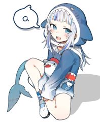 Rule 34 | 1girl, :d, animal costume, animal hood, bad id, bad twitter id, bloop (gawr gura), blue eyes, blue hair, blue hoodie, child, commentary, english text, fins, fish tail, full body, gawr gura, gawr gura (1st costume), highres, hololive, hololive english, hood, hoodie, indian style, long hair, long sleeves, looking at viewer, multicolored hair, open mouth, shark costume, shark hood, shark tail, sharp teeth, shoes, silver hair, simple background, sitting, sleeves past wrists, smile, speech bubble, streaked hair, stuffed animal, stuffed toy, tail, teeth, tsu (lovesick1964), virtual youtuber, white background, white footwear