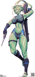 Rule 34 | 1girl, abs, alien, armpits, black gloves, black socks, breasts, cameltoe, colored skin, commentary, commission, covered erect nipples, english commentary, facial mark, facial tattoo, fingerless gloves, full body, gloves, green eyes, green hair, green skin, gun, handgun, highres, holding, holding gun, holding weapon, holster, imryll (orichalchon), kneehighs, large breasts, leg tattoo, licking lips, long hair, muscular, muscular female, navel, no shoes, original, orihalchon, pubic tattoo, qr code, rifle, shoulder tattoo, socks, solo, stirrup legwear, tattoo, thick thighs, thigh holster, thighs, toeless legwear, toes, tongue, tongue out, vambraces, weapon, weapon on back