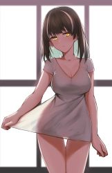 Rule 34 | 1girl, arknights, bare arms, bishi (bishi), black hair, breasts, cleavage, collarbone, commentary request, cowboy shot, highres, large breasts, long hair, looking at viewer, magallan (arknights), multicolored hair, no pants, parted lips, shirt, short sleeves, solo, standing, streaked hair, thighs, white hair, white shirt, yellow eyes