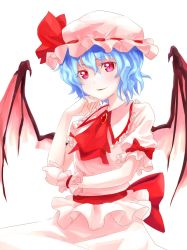 Rule 34 | 1girl, ascot, bad id, bad pixiv id, bat wings, blue hair, blush, bow, brooch, frilled shirt collar, frills, hat, hat ribbon, highres, jewelry, looking at viewer, mappe (778exceed), mob cap, parted lips, pink eyes, pink shirt, pink skirt, puffy short sleeves, puffy sleeves, red bow, red ribbon, remilia scarlet, ribbon, sash, shirt, short hair, short sleeves, skirt, skirt set, smile, solo, touhou, upper body, wings, wrist cuffs