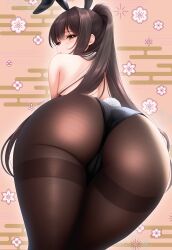 Rule 34 | 1girl, animal ears, ass, ass focus, back, bare shoulders, black hair, black pantyhose, blush, brown eyes, cameltoe, chinese zodiac, commentary, egasumi, floral background, from behind, highres, huge ass, irori (irorixc), leaning forward, leotard, long hair, looking at viewer, looking back, nengajou, new year, original, pantyhose, playboy bunny, ponytail, rabbit ears, rabbit tail, sidelocks, solo, tail, thighband pantyhose, thighs, twitter username, very long hair, wide hips, year of the rabbit