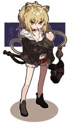 Rule 34 | 1girl, amonitto, animal ears, arknights, bare legs, black footwear, black jacket, blonde hair, breasts, brown eyes, candy, cleavage, clenched hand, collar, commentary request, food, food in mouth, freckles, full body, fur-trimmed jacket, fur trim, hammer, highres, jacket, lion ears, lion girl, lion tail, lollipop, long sleeves, looking at viewer, open clothes, open jacket, red shorts, shirt, shoes, short shorts, short sleeves, shorts, siege (arknights), sledgehammer, solo, standing, tail, white shirt