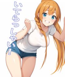 Rule 34 | 1girl, aqua eyes, braid, breasts, casual, collarbone, commentary request, hair between eyes, large breasts, long hair, looking at viewer, orange hair, pecorine (princess connect!), ponytail, princess connect!, sa (nax49), shirt, short shorts, short sleeves, shorts, single braid, solo, t-shirt, translation request, very long hair, white background