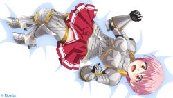 Rule 34 | 1girl, armor, artist request, collaboration, high heels, highres, looking at viewer, lying, magicami, official art, open mouth, pink hair, red skirt, ricotta, short hair, skirt, smile, walkure romanze, yellow eyes, yuwase cocoa