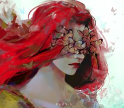Rule 34 | 1girl, bug, butterfly, butterfly in eye, butterfly on face, butterfly on nose, covered eyes, elden ring, highres, insect, long hair, malenia blade of miquella, malenia goddess of rot, red butterfly, red hair, user jpzw3232