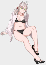Rule 34 | 1girl, ahoge, alternate costume, bikini, bikini under clothes, black bikini, black footwear, border, breasts, cleavage, closed mouth, coat, commentary request, green eyes, grey background, grey coat, high heels, highres, kantai collection, kinugasa (kancolle), knee up, long hair, long sleeves, looking at viewer, medium breasts, navel, ojipon, open clothes, open coat, pink hair, smile, solo, swimsuit, white border