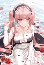 Rule 34 | 1girl, absurdres, apron, bad id, bad twitter id, bare arms, bare shoulders, black dress, breasts, bust cup, cleavage, collarbone, dress, flower, frilled dress, frills, hair ribbon, hand up, highres, large breasts, long hair, looking at viewer, maid, maid apron, maid headdress, mole, mole on breast, mole under eye, open mouth, original, petals, petals on liquid, pink hair, red eyes, red flower, ribbon, ripples, rose, sleeveless, sleeveless dress, solo, strapless, strapless dress, twintails, ueng, very long hair, waist apron, water, wet, wrist cuffs