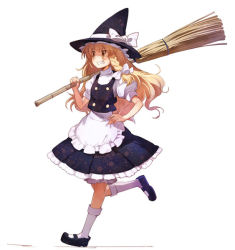 Rule 34 | 1girl, bamboo broom, blonde hair, braid, broom, female focus, full body, grin, hand on own hip, hat, hip focus, kirisame marisa, long hair, mary janes, momiji mao, running, shoes, simple background, skirt, smile, solo, touhou, white background, witch, witch hat, yellow eyes