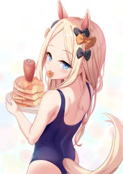 Rule 34 | 1girl, abigail williams (fate), animal ears, ass, back, bare shoulders, blonde hair, blue eyes, blue one-piece swimsuit, blush, bow, breasts, carrot, fate/grand order, fate (series), food, forehead, hair bow, highres, horse ears, horse girl, horse tail, long hair, looking at viewer, looking back, milkshakework, multiple bows, one-piece swimsuit, pancake, parted bangs, plate, sidelocks, small breasts, smile, solo, swimsuit, tail