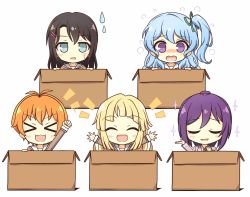 Rule 34 | &gt; &lt;, 5girls, :3, :d, :o, ^ ^, antenna hair, arm up, arms up, bang dream!, black hair, blazer, blonde hair, blue hair, blush stickers, box, brown dress, brown neckwear, cardboard box, clenched hand, closed eyes, collared shirt, commentary request, dress, flying sweatdrops, green ribbon, grey eyes, grey jacket, hair between eyes, hair ornament, hair ribbon, hairclip, hanasakigawa school uniform, hand up, haneoka school uniform, hello happy world!, highres, in box, in container, jacket, kitazawa hagumi, light blue hair, long hair, long sleeves, looking at viewer, matsubara kanon, medium hair, multiple girls, necktie, notice lines, o/, okusawa misaki, one side up, open hands, open mouth, orange hair, outstretched arms, ponytail, purple eyes, purple hair, ribbon, sailor collar, sailor dress, school uniform, seta kaoru, shirt, short hair, sidelocks, simple background, smile, sparkle, striped neckwear, sweatdrop, teen (teen629), tsurumaki kokoro, u u, upper body, white background, white sailor collar, white shirt, x3, xd, |d