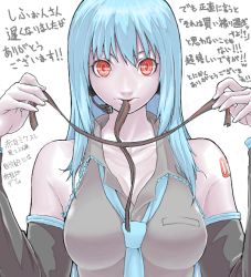 Rule 34 | 1girl, aqua hair, bad drawr id, bad id, breasts, cleavage, detached sleeves, drawr, earpiece, fingernails, hair down, hatsune miku, large breasts, long hair, mouth hold, necktie, nujima, oekaki, red eyes, ribbon, shirt, sleeveless, solo, sunabe, very long hair, vocaloid