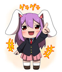 Rule 34 | +++, 1girl, :d, animal ears, black jacket, brown eyes, brown footwear, buttons, chibi, collared shirt, commentary request, full body, hair between eyes, index finger raised, jacket, loafers, long hair, long sleeves, looking at viewer, medium bangs, necktie, open mouth, paplikaling, pink skirt, pleated skirt, pointing, pointing at viewer, purple hair, rabbit ears, rabbit girl, red necktie, reisen udongein inaba, shirt, shoes, skirt, smile, socks, solo, standing, touhou, translation request, white shirt, white socks, yukkuri shiteitte ne