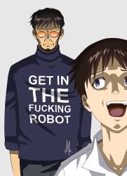Rule 34 | 2boys, age difference, alpaztor, beard, blue eyes, brown hair, english text, facial hair, father and son, glasses, grey background, ikari gendou, ikari shinji, looking back, meme, multiple boys, neon genesis evangelion, opaque glasses, open mouth, profanity, scared, short hair, simple background, sweater, teeth, text focus