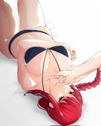 Rule 34 | 1girl, bikini, black bikini, breasts, chainsaw man, cleavage, highres, initialdkirby, large breasts, looking at viewer, lying, makima (chainsaw man), on back, red hair, solo, swimsuit, thighs, white background