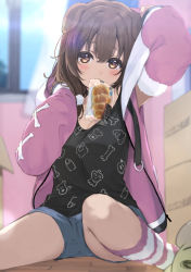 Rule 34 | 1girl, animal ears, arm up, black shirt, blue shorts, blurry, blurry background, blush, bread, breasts, brown eyes, brown hair, cleavage, closed mouth, depth of field, detached sleeves, dog ears, feet out of frame, food, fur-trimmed sleeves, fur trim, hair between eyes, highres, hololive, icehotmilktea, indoors, inugami korone, inugami korone (loungewear), jacket, light smile, long hair, long sleeves, looking at viewer, mouth hold, official alternate costume, open clothes, open jacket, pink jacket, pink sleeves, shirt, short shorts, shorts, sitting, sleeves past wrists, small breasts, socks, solo, striped clothes, striped socks, virtual youtuber, window