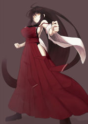 Rule 34 | 1girl, ahoge, armpits, bare hips, bare shoulders, black hair, boots, breasts, brown eyes, clenched hand, detached sleeves, female focus, fighting stance, frown, hakama, hakama skirt, hiroya juuren, japanese clothes, large breasts, long hair, m.u.g.e.n, miko, no bra, original, red hakama, sendai hakurei no miko, shirt, sideboob, simple background, skirt, solo, strap slip, taut clothes, taut shirt, touhou, very long hair, wide sleeves, yellow eyes