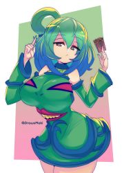 Rule 34 | 1girl, absurdres, breasts, card, cowboy shot, detached sleeves, dress, gradient background, green dress, green hair, green sleeves, hair between eyes, hands up, highres, holding, holding card, index finger raised, large breasts, long hair, maki dogville, personification, pot of greed, print dress, solo, yu-gi-oh!