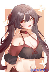 Rule 34 | 1girl, :d, alternate costume, bare shoulders, black shirt, breasts, brown choker, brown eyes, brown hair, bu weizhuang, choker, cleavage, collarbone, crop top, genshin impact, highres, hu tao (genshin impact), large breasts, long hair, looking at viewer, midriff, navel, off-shoulder shirt, off shoulder, open mouth, shirt, short sleeves, smile, solo, stomach, upper body, very long hair