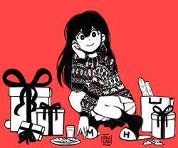 Rule 34 | 1girl, blush, box, closed mouth, cookie, cup, drinking glass, food, gift, gift box, limited palette, long hair, looking at viewer, mari (faraway) (omori), mari (omori), omori, osulan, plate, pleated skirt, red background, simple background, skirt, slippers, smile, socks, solo, something (omori), spoilers, sweater, v