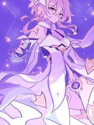 Rule 34 | 1girl, black gloves, blonde hair, boots, breasts, commentary, constellation, detached sleeves, dress, english commentary, flower, genshin impact, gloves, hair between eyes, hair flower, hair ornament, looking at viewer, lumine (genshin impact), mao (expuella), parted lips, partially fingerless gloves, purple background, simple background, small breasts, solo, thigh boots, thighhighs, twitter username, white dress, white flower, white footwear, yellow eyes