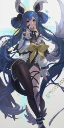 Rule 34 | 1girl, animal, animal on hand, asymmetrical legwear, asymmetrical wings, bare shoulders, belt, blue hair, bow, chinese zodiac, dated, detached sleeves, dizzy (guilty gear), feathered wings, guilty gear, hair bow, hair ornament, hairpin, highres, long hair, long sleeves, open mouth, parted lips, rabbit, red eyes, skindentation, sleeves past wrists, strap, thick thighs, thigh strap, thighs, twintails, twitter username, very long hair, wings, year of the rabbit, youmicitrustea