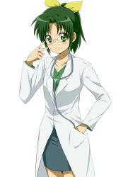 Rule 34 | 10s, 1girl, bespectacled, blush, doctor, glasses, green eyes, green hair, hand in pocket, highres, lab coat, maruki (punchiki), matching hair/eyes, midorikawa nao, pencil skirt, ponytail, precure, simple background, skirt, smile precure!, solo, stethoscope, white background