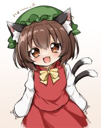 Rule 34 | :3, :d, animal ears, bow, bowtie, brown eyes, cat ears, cat tail, chen, commentary request, earrings, fang, green hat, hat, highres, jewelry, long sleeves, looking at viewer, multiple tails, nekomata, open mouth, red skirt, red vest, simple background, single earring, skirt, smile, suwa yasai, tail, touhou, two tails, upper body, vest, white background, yellow bow, yellow bowtie