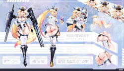 2girls absurdres android animal_ears ass bad_link barcode barcode_tattoo blonde_hair blue_eyes boots breasts cellphone character_sheet evoxy fox fox_ears fox_girl fox_tail grabbing_another&#039;s_breast groping gun handgun hat heterochromia high_heel_boots high_heels highres indie_virtual_youtuber large_breasts looking_at_viewer looking_back military_hat military_uniform multiple_girls naisewow official_art open_mouth phone pink_eyes qr_code second-party_source skindentation smartphone smile sword tail tattoo thighhighs uniform virtual_youtuber weapon white_thighhighs