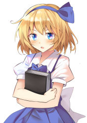 Rule 34 | 1girl, aged down, alice margatroid, alice margatroid (pc-98), blonde hair, blue bow, blue bowtie, blue dress, blue eyes, blue hairband, blush, book, bow, bowtie, collar, dress, e.o., grimoire of alice, hair between eyes, hair bow, hairband, highres, looking at viewer, hugging object, open mouth, shirt, short hair, short sleeves, simple background, solo, touhou, touhou (pc-98), white background, white shirt