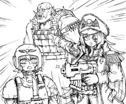 Rule 34 | 1boy, 2girls, artificial eye, astra militarum, bandolier, bolter, commissar, crying, crying with eyes open, gun, hat, helmet, holding, holding gun, holding knife, holding weapon, knife, mechanical eye, multiple girls, muscular, muscular male, octosoup, orc, ork (warhammer), peaked cap, pointing, pointing at another, scared, shoulder spikes, spikes, tears, warhammer 40k, weapon